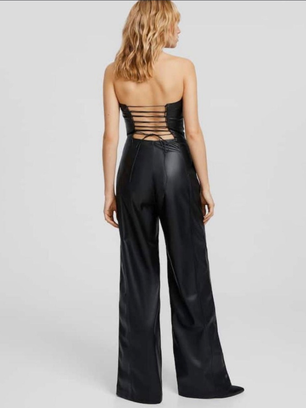 Bershka Black Strapless Faux Leather Wide Leg Jumpsuit Size Medium